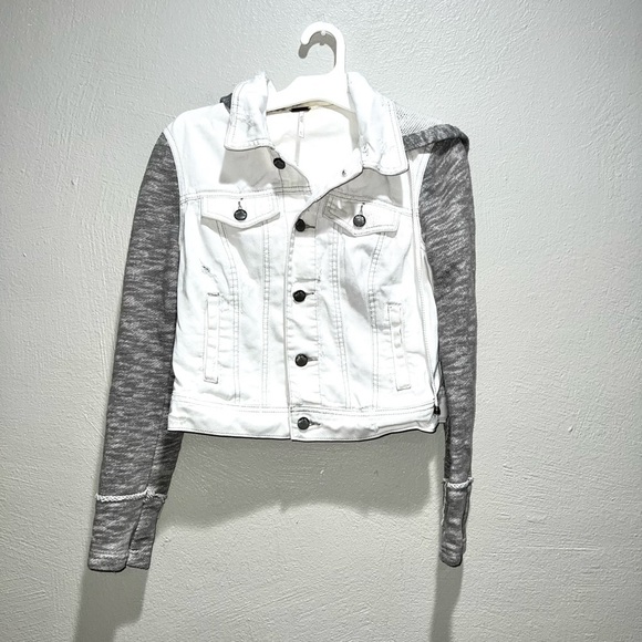 Free People White Gray Distressed Hooded Denim Knit Jacket - Picture 1 of 12